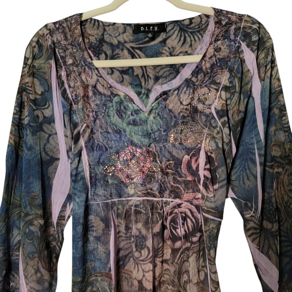B.L.E.U. Womens Floral Fairycore Y2K Boho Gypsy Boho Rhinestone Back Tie Top S - Picture 2 of 9